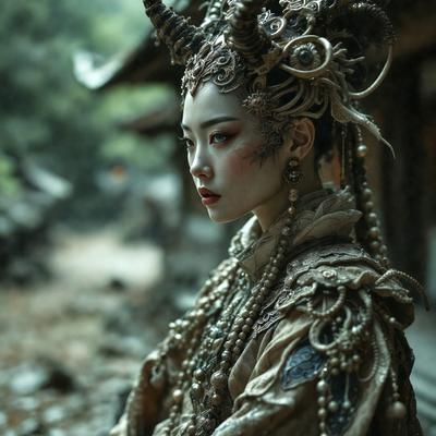 The primary subject of the image is a woman wearing a unique and elaborate costume. She is dressed in a combination of a gown and a headpiece, which features horns and a spiked design. The setting is an outdoor environment, with a forest visible in the background. The visual style of the image is a mix of photo and digital art, creating a striking and intriguing scene. The colors and mood of the image are dark and mysterious, with the woman's costume and the forest'